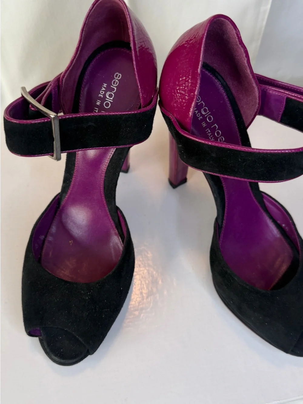 Sergio Rossi Black Suede Peep-Toe Heels with Purple Leather Insole